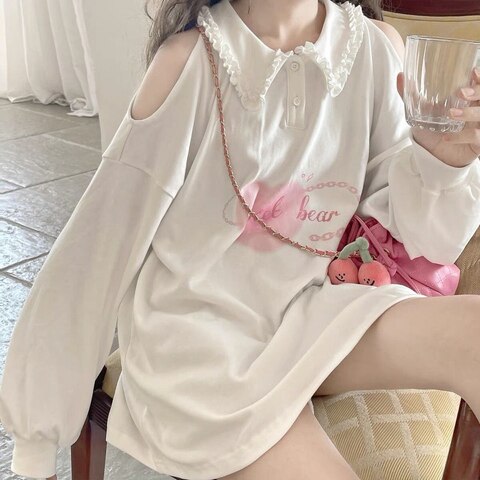 Худи HOUZHOU Kawaii, белые женские толстовки с японским милым принтом сердца, с открытыми плечами и длинным рукавом, Мягкий Свитшот для девушек, корейский модный топ 1005003380164701