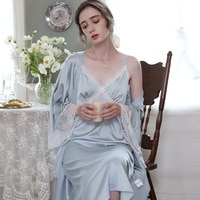 Новый весенний Атласный Женский халат, привлекательная кружевная ночная сорочка на бретелях, женская ночная рубашка, романтичный французский длинный халат, домашний костюм 1005003392649647