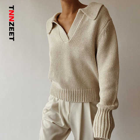 Женский вязаный свитер с воротником-поло, свободный хлопковый пуловер с длинным рукавом, однотонный Повседневный Шикарный джемпер, зима-осень 2021 1005003399459675