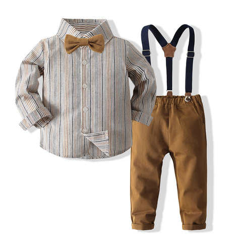 Модный новый детский костюм для мальчиков с длинным рукавом и галстуком-бабочкой, полосатая рубашка + брюки на подтяжках, повседневный костюм для мальчиков 1005003401551760