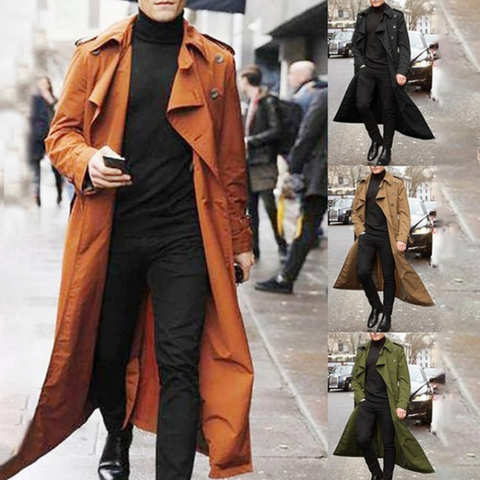 Тренчкот Мужской винтажный, двубортный плащ, деловая длинная однотонная куртка, верхняя одежда, черный 1005003414605345