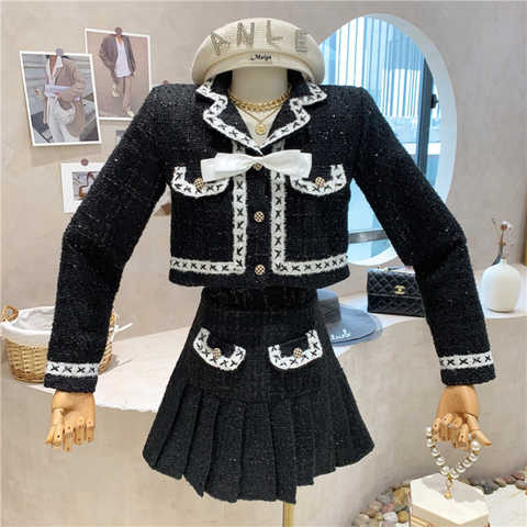 Женский твидовый костюм с коротким топом и юбкой, модный небольшой комплект из двух предметов, короткий пиджак с бантом и плиссированная юбка, винтажный комплект из двух предметов 1005003416164951