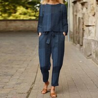 Комплект ZANZEA женский с длинным рукавом, винтажный комплект из 2 предметов, брюки в клетку, свободные штаны в стиле оверсайз, осень 1005003416430376