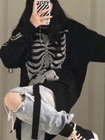 HOUZHOU Goth Grunge, женские свитшоты с принтом черепа, большие размеры, черные толстовки с круглым вырезом и длинным рукавом, готические толстовки, осень 2021, уличная одежда, топы 1005003416584278