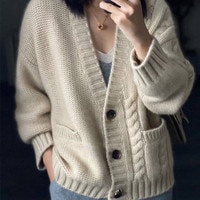 Новинка 2021, вязаный кардиган из чистого кашемира, модный плотный свободный свитер, зимний женский жакет из 100% шерсти с V-образным вырезом, пальто большого размера 1005003419521716