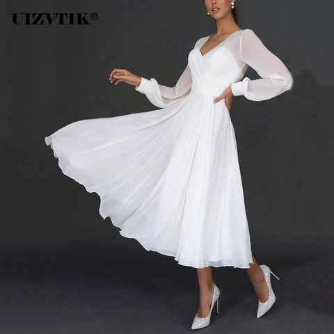 Женское шифоновое платье-миди с V-образным вырезом, белое элегантное вечернее длинное платье с длинным рукавом, бальное платье, лето 2022 1005003434284355