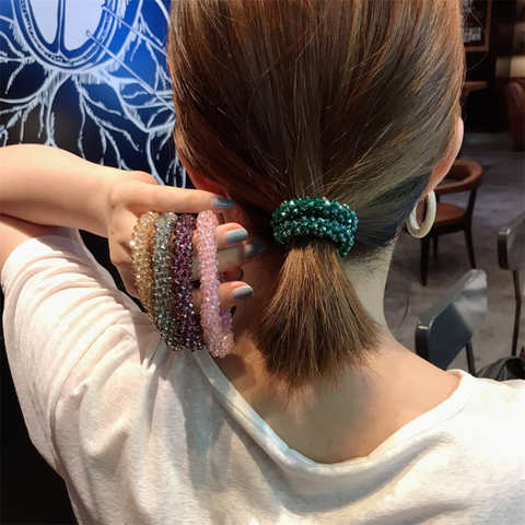 Женские резинки для волос Scrunchies, Однотонные эластичные резинки с бисером, украшенные серебряными бусинами 1005003459277842