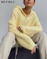 Женский вязаный свитер с воротником-поло WOTWOY, повседневный Свободный Белый джемпер на молнии, 2021 1005003468584878