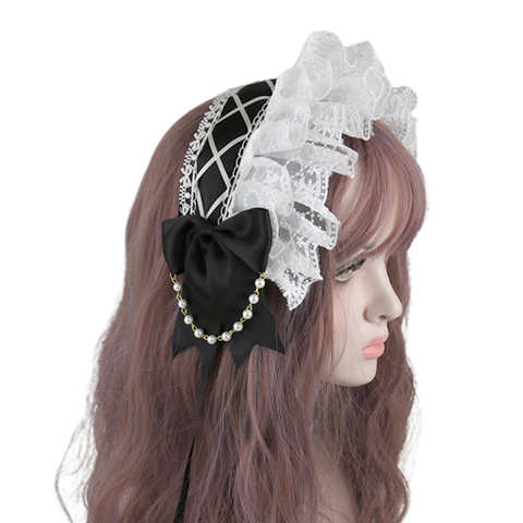 Кружевной головной убор с оборками, повязка на голову в японском стиле, перекрестная лента с жемчугом, головной убор горничной, винтажные аксессуары для платья в стиле "Лолита" для девочек 1005003471875799