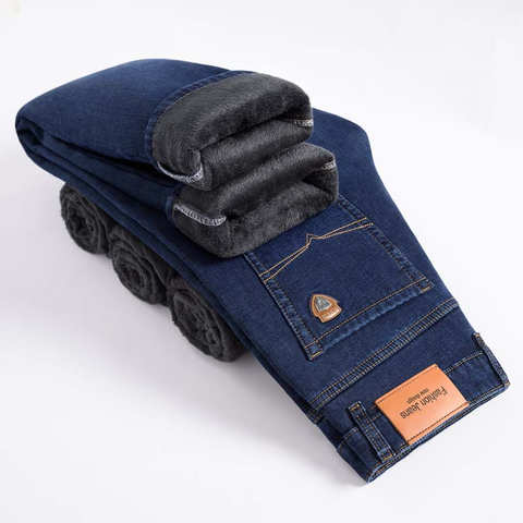 2021 зимние Брендовые прямые флисовые толстые теплые джинсы классические значки Молодежные мужские деловые повседневные джинсы с высокой талией мужские брюки 1005003479055399