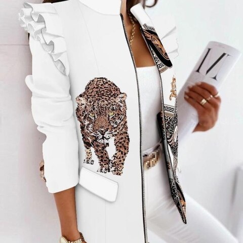 Яркий Тонкий Блейзер, куртка для женщин, модный Весенний костюм с леопардовым принтом и оборками с длинными рукавами, костюм на молнии, одежда для женщин, блейзеры 1005003484703591