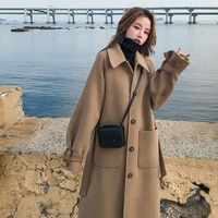 Шерстяное пальто, плотное женское Свободное пальто средней длины на осень и зиму, пальто верблюжьей расцветки, модные шерстяные пальто и куртки в Корейском стиле 1005003491852636