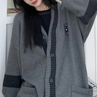 Кардиган Deeptown женский в Корейском стиле, однотонный серый модный свитер в стиле преппи, вязаный джемпер оверсайз с V-образным вырезом, уличная одежда на осень 1005003518439117