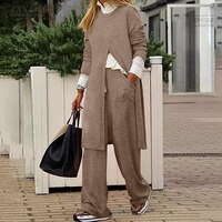 Комплект брюк ZANZEA женский с длинным рукавом, модный топ с круглым вырезом и брюки с широкими штанинами, повседневный уличный брючный костюм, однотонный комплект на осень 1005003528460758