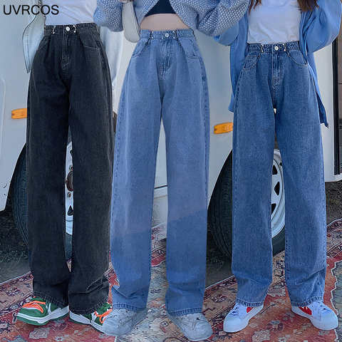 Джинсы уличные синие модные прямые джинсы с регулируемой высокой талией корейские модные повседневные хлопковые Свободные женские джинсы 1005003536297034