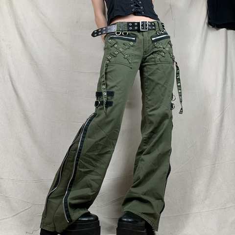 Женские брюки, готические панковские мешковатые винтажные кавайные брюки, бандажные брюки-карго с низкой талией, зеленые джинсы на молнии, корейские спортивные брюки 1005003551057859