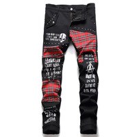 Мужские шотландские красные клетчатые лоскутные джинсы в стиле Шотландка панк, заклепочный патч, черные джинсовые штаны с принтом черепа и буквами, облегающие прямые брюки 1005003565084922