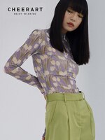 CHEERART сиреневый тюльпан цветочный сетчатый топ с длинным рукавом футболки Прозрачная Футболка женская футболка водолазка женский топ Корейская мода 1005003586735918