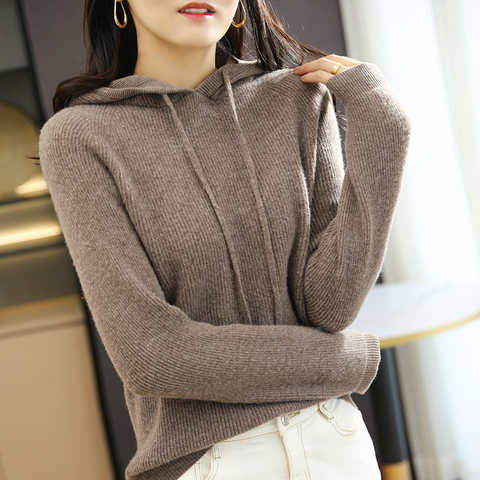 Женский свитер с капюшоном LONGMING, вязаный пуловер из 100% мериносовой шерсти, однотонный теплый вязаный свитер на осень и зиму, толстовки, джемперы, вязаные топы 1005003594254721