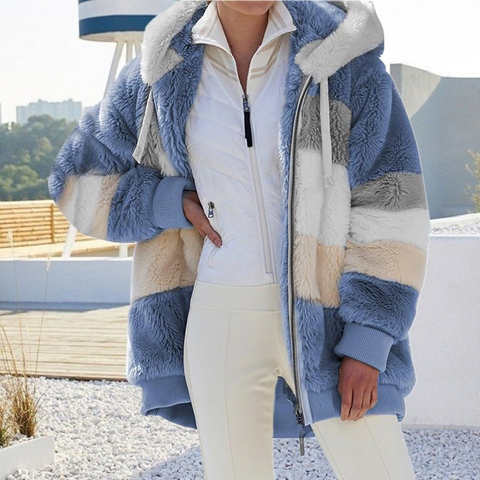 Женская теплая плюшевая куртка, осенне-зимняя верхняя одежда большого размера с искусственным мехом и пэчворком, женское элегантное свободное флисовое пальто с капюшоном, куртка 1005003594340698