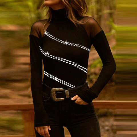 Женская прозрачная сетчатая блузка в стиле пэчворк, осенняя модная Женская водолазка с длинным рукавом, пуловер, топы, женская Облегающая рубашка, блузы 1005003596252192