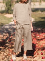 Осенние женские комплекты 2022 ZANZEA, комплект из 2 предметов, модная блузка с рукавом 3/4, свободный спортивный костюм, однотонные широкие брюки, повседневные 1005003601218042