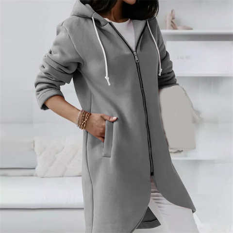 Флисовая верхняя одежда, Осеннее длинное пальто с капюшоном, женские толстовки на молнии, куртки с длинным рукавом, однотонная простая универсальная Толстовка 1005003601800326