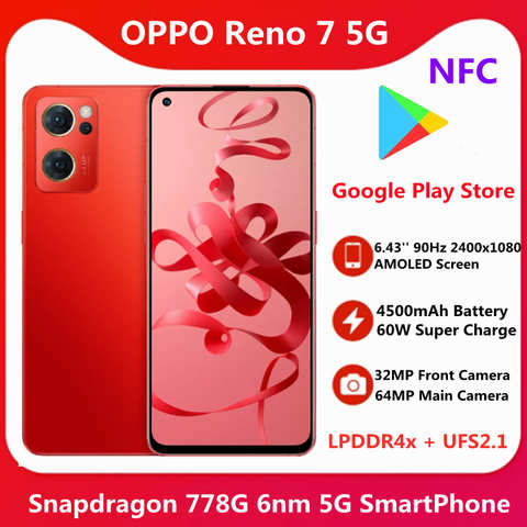 Смартфон OPPO Reno, 7 цветов, 12 дюймов, Android 11, 6,43 дюйма, 90 Гц, AMOLED экран, NFC, Snapdragon 778G, 60 Вт, суперзарядка, аккумулятор 4500 мАч 1005003601816591