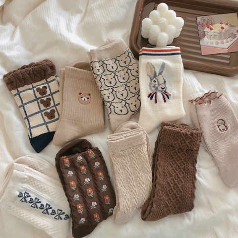 1 пара мультяшных носков, весна-осень, повседневные женские милые кофейные чулки в Корейском стиле с медведем, Короткие хлопковые носки с ворсом 1005003604820795