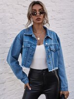 Укороченная джинсовая куртка DGIRL с пуговицами спереди и необработанным подолом, простая синяя укороченная джинсовая куртка с карманами спереди, женская уличная одежда, куртки 1005003614271425