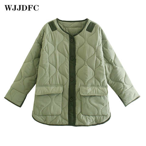 Парка WJJDFC Женская болотная зимняя стеганая зеленая короткая Повседневная однобортная куртка с длинным рукавом и карманами с изогнутым подолом 1005003620024217