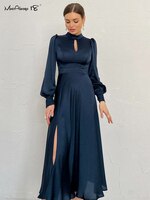 Элегантные вечерние платья Mnealways18, темно-синее женское Атласное Вечернее платье миди с вырезами, осеннее платье с рукавами-фонариками и вырезом «Замочная скважина», 2022 1005003621488303