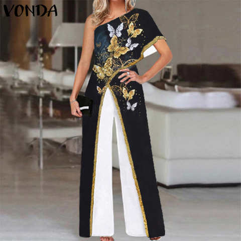 VONDA винтажные Длинные Комбинезоны на одно плечо с принтом, офисные комбинезоны с широкими штанинами, женские элегантные бриллиантовые комбинезоны 1005003626825345