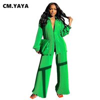 Женский плиссированный комплект одежды CM.YAYA, однотонный костюм из рубашки с длинным рукавом и прямых широких брюк, спортивный костюм, комплект из двух предметов, одежда для фитнеса 1005003642459159