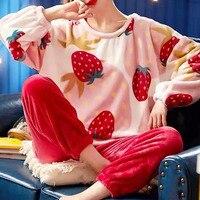Женская зимняя Фланелевая пижама, комплект из 2 предметов, теплая мягкая бархатная флисовая одежда для сна, удобная розовая ночнушка в виде клубники, домашняя одежда 1005003651522084