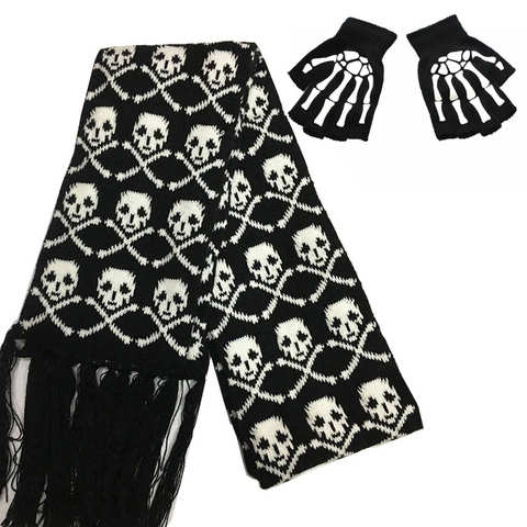 Модный вязаный женский и мужской шарф с черепом, зимний шарф-скелет, шарфы для вечеринок с черной бахромой, светящиеся перчатки с черепом 1005003653519493