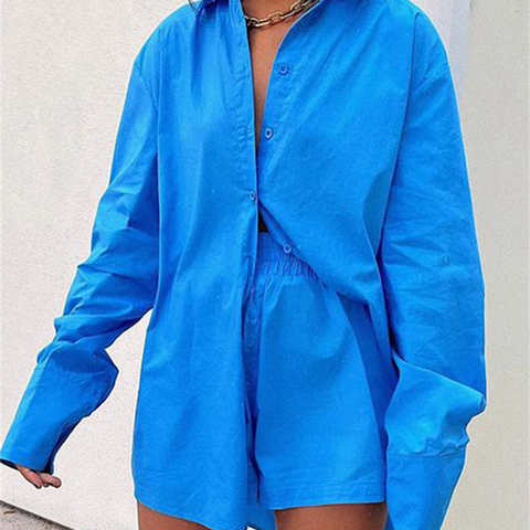 Женский синий костюм Sampic 2022 Повседневная Свободная рубашка с длинным рукавом летние топы и мини-шорты Модный спортивный костюм комплект из двух предметов наряды 1005003655442698