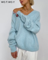 WOTWOY 2022 Ранняя весна v-образный вырез кашемировый свитер женский Мягкий Повседневный базовый вязаный джемпер женский белый розовый Свободный пуловер осень 1005003656142653
