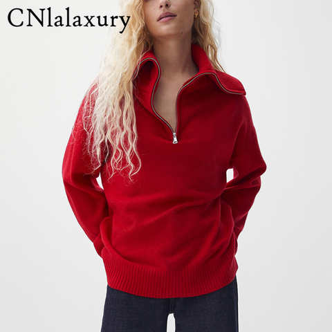 CNlalaxury 2022 женский свитер на молнии вязаный пуловер с длинным рукавом красный цвет свободный Дамский джемпер осень зима Женская водолазка 1005003664229873