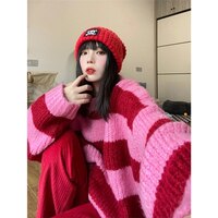 Женский свитер в полоску Deeptown Y2K, Розовый Свитер оверсайз в Корейском стиле, уличная одежда в стиле панк, джемпер в стиле Харадзюку, женский красный топ, зима 2021 1005003677949534