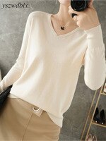 Женские свитера YSZWDBLX, весна-осень, трикотажные пуловеры с V-образным вырезом, свободная рубашка, кашемировый модный джемпер, однотонный розовый свитер 1005003689534267