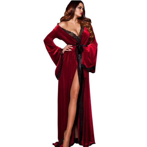 Велюровая женская ночная рубашка в пол, Весенняя женская пижама, элегантный кружевной халат с длинным рукавом, Женская бархатная Ночная одежда 1005003694400140