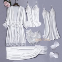 Пижамный комплект Женский из 5 предметов, белый Шелковый Свадебный халат, ночная рубашка, пикантная кружевная сорочка, одежда для сна, кимоно, халат, нижнее белье 1005003695474472