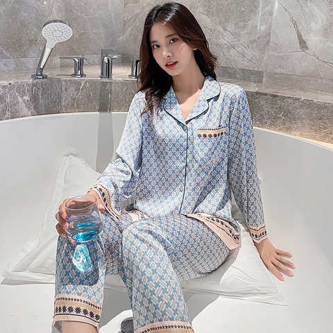 Женская весенне-осенняя пижама из двух частей с длинным рукавом, шелковая пижама большого размера 1005003707393538