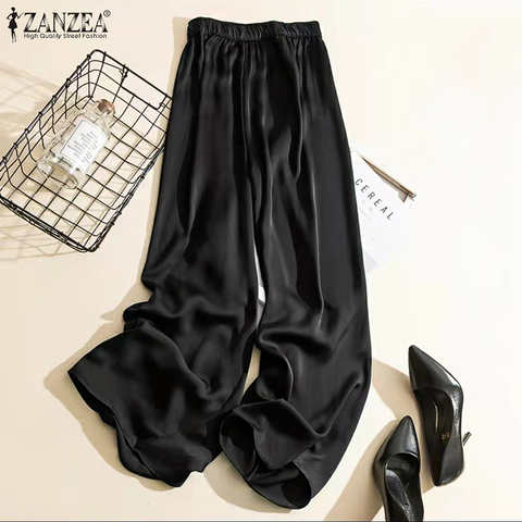 Брюки ZANZEA женские весенние большого размера, повседневные однотонные длинные штаны, винтажные шелковые атласные брюки с завышенной талией, свободные брюки с мятой, 2022 1005003712577691