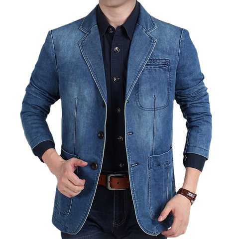 Куртка мужская джинсовая, повседневный приталенный пиджак с карманами, однобортный Блейзер с длинным рукавом и отложным воротником 1005003718610211