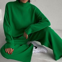 Женский трикотажный брючный костюм, комплект из двух предметов, зеленая вязаная повседневная одежда с длинным рукавом и широкими штанинами, 2022 1005003728527049