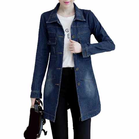 Осенне-зимняя Корейская джинсовая куртка, женское облегающее длинное базовое пальто, женская потертая темно-синяя джинсовая куртка, крутые Пальто 5XL 1005003730898493