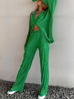 Женский брючный костюм с высокой талией, зеленая Повседневная Блузка с длинным рукавом и широкие брюки, комплект из 2 предметов в складку, весна-осень 1005003739457273