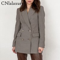 2022 Женская офисная одежда CNlalaxury, двубортный клетчатый Блейзер, пальто, винтажная Женская куртка с длинным рукавом и карманами, верхняя одежда, шикарные топы 1005003755806516
